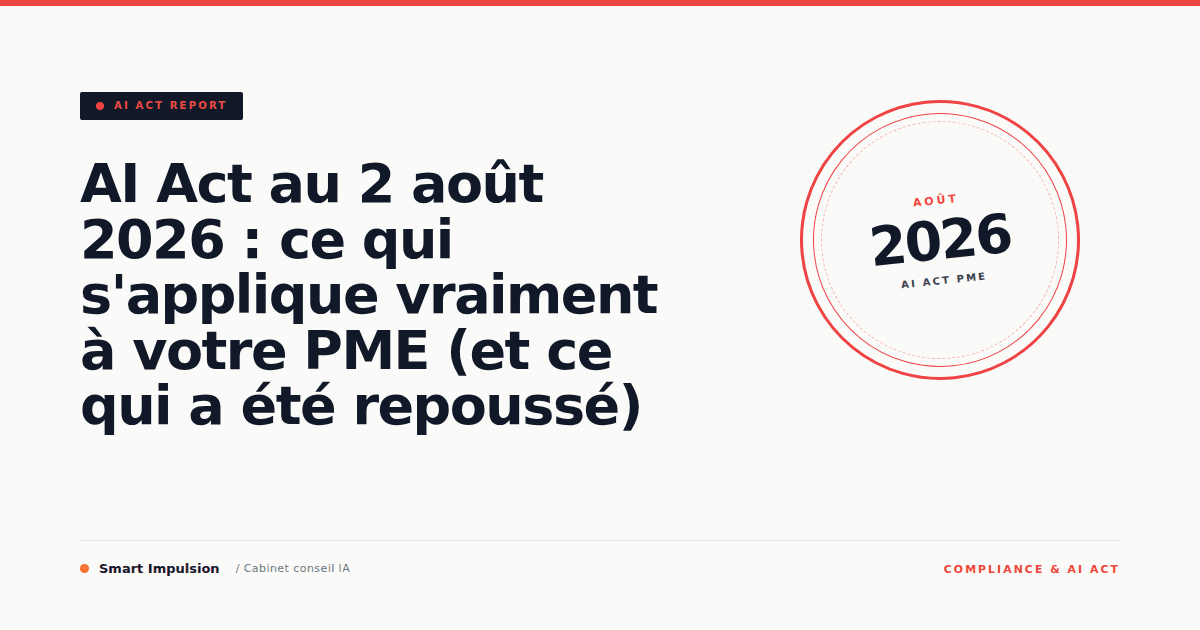 Image d'illustration pour l'article "AI Act au 2 août 2026 : ce qui s'applique vraiment à votre PME (et ce qui a été repoussé)"
