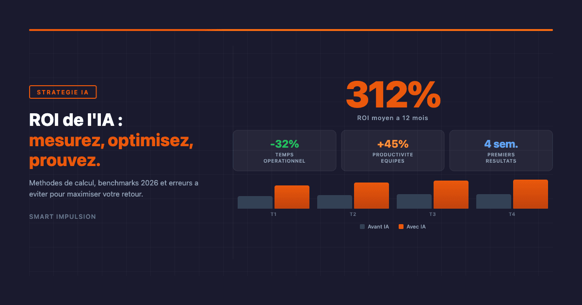 Dashboard ROI IA montrant 312% de retour sur investissement avec métriques de performance